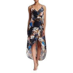 ASTR The Label Dress Women's Size Medium Blue Pink Tan Floral Surplice Midi Wrap